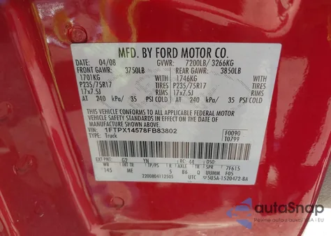 2008 Ford F-150 Fx4/Lariat/Xl/Xlt из США, поврежденный, VIN 1FTPX14578FB83802